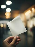 un mano participación un pedazo de llanura blanco papel con un borroso fondo, ai generado. foto