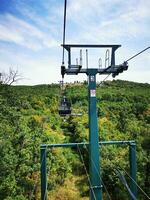 Photo of a ski lift gliding over a picturesque green hillside