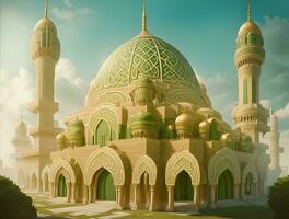 beautiful and luxurious mosque building, dominant colors green and gold, AI generated photo