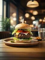 burger on table with cafe atmosphere, AI generated photo
