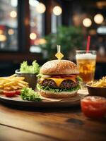 burger on table with cafe atmosphere, AI generated photo