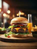 burger on table with cafe atmosphere, AI generated photo