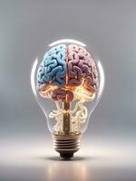 a brain inside a light bulb glows brightly against a dark background, AI generated. photo