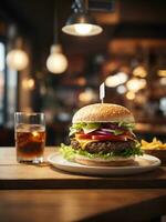 burger on table with cafe atmosphere, AI generated photo