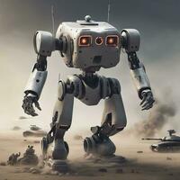 ai generado contenido. robot guerreros en el primera línea futurista militar conflicto foto