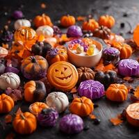 Halloween Candy Delight Sweet Pumpkin Treats. Ai generated content photo