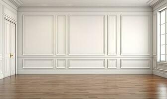 elegant empty room featuring a pristine white wall adorned with classic style mouldings. AI Generated photo