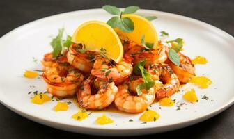 Closeup of grilled shrimps meticulously arranged on a white plate. AI Generated photo