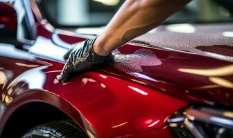 man meticulously cleaning a car with a microfiber cloth. AI Generated photo