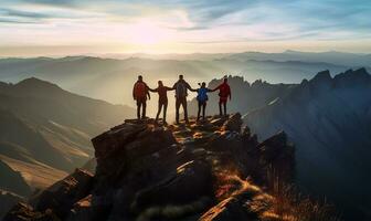 A group of friends holding hands near the summit of a mountain, symbolizing teamwork and collective achievement. AI Generated photo