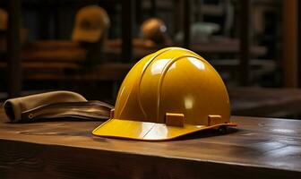 un construcción amarillo casco metido en un de madera mesa. ai generado foto