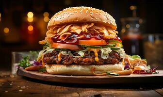 a mouth-watering hamburger showcasing its juicy layers. AI Generated photo