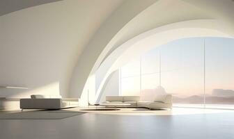 blanco abierto espacio interior con minimalista diseño elementos. ai generado foto