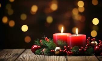 Christmas candles on a rustic wooden background. AI Generated photo