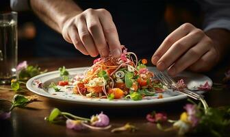 modern food stylist's hands artfully decorating a meal for presentation in a high-end restaurant. AI Generated photo