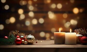 Christmas candles on a rustic wooden background. AI Generated photo