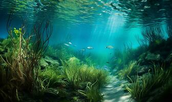 un fondo del mar cubierto en lozano verde pastos marinos. ai generado foto