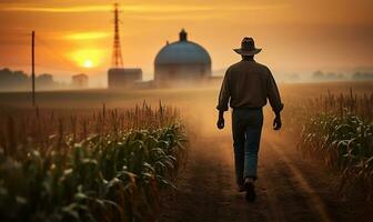 a farmer strides confidently through a corn field, the early dawn light casting a gentle glow over the tall stalks. AI Generated photo