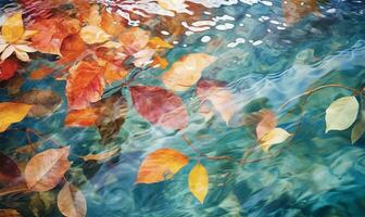 autumn leaves floating gracefully on water. AI Generated photo