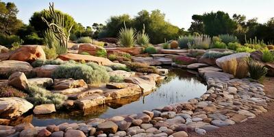 Landscape view of a meticulously designed private rock garden. AI Generated photo