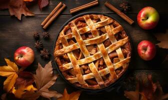 tradicional manzana tarta, un encantador representación de otoño con otoño hojas y un aspersión de canela. ai generado foto