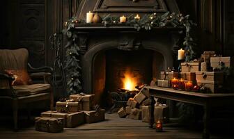 fireplace adorned with Christmas decorations. AI Generated photo