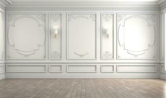 elegant empty room featuring a pristine white wall adorned with classic style mouldings. AI Generated photo