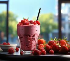 strawberry smoothie in a glass. AI Generated photo