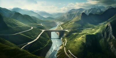 hydroelectric power dam spanning a river nestled amidst rugged mountain terrain. AI Generated photo