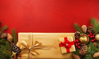 elegant Christmas composition on a shimmering light gold backdrop. AI Generated photo