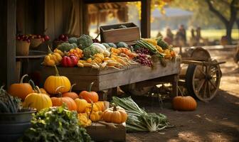 bustling fall farmers market brimming with a colorful array of pumpkins and fresh autumnal vegetables. AI Generated photo