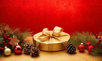 elegant Christmas composition on a shimmering light gold backdrop. AI Generated photo