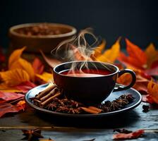 steaming coffee cup set against a backdrop of cascading autumn leaves. AI Generated photo