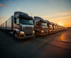 A row of parked trucks, silhouetted against the backdrop of a radiant sunrise. AI Generated photo