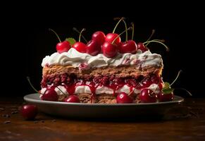 slice of cake crowned with a juicy cherry. AI Generated photo