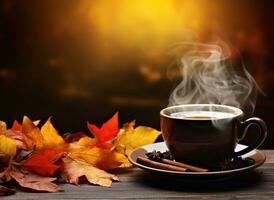 steaming coffee cup set against a backdrop of cascading autumn leaves. AI Generated photo