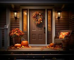 beautifully assembled fall wreath gracing a rich brown front door. AI Generated photo