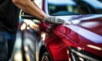 man meticulously cleaning a car with a microfiber cloth. AI Generated photo