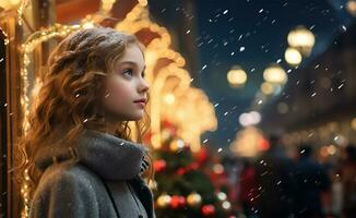 side profile of a young girl, eyes filled with wonder, standing beside a majestic Christmas tree set in a city square. AI Generated photo