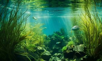 A seabed covered in lush green seagrass. AI Generated photo