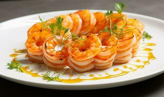 Closeup of grilled shrimps meticulously arranged on a white plate. AI Generated photo