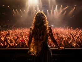 A beautiful female pop star singer performing on stage in a huge crowded stadium arena hall. AI Generated photo