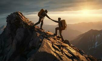 uno caminante extensión un mano a ayuda un amigo alcanzar el cumbre de un montaña. ai generado foto