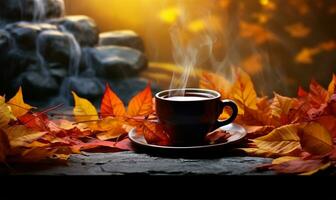steaming coffee cup set against a backdrop of cascading autumn leaves. AI Generated photo