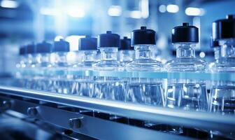 Medical vials moving along a production line in a pharmaceutical factory,. AI Generated photo