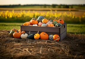 rústico de madera caja lleno con un surtido de calabazas, cada exhibiendo el Rico matices y texturas de el otoño estación. ai generado foto