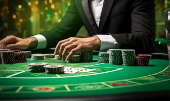 a poker player with playing cards and chips at a green casino table. AI Generated photo