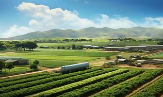 sprawling agricultural farm featuring fields of crops. AI Generated photo