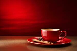 steaming cup of coffee set on a vibrant red plate. AI Generated photo