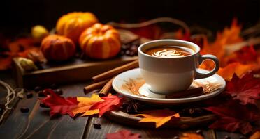 delicious pumpkin spice latte, steaming gently in a cup and saucer. AI Generated photo